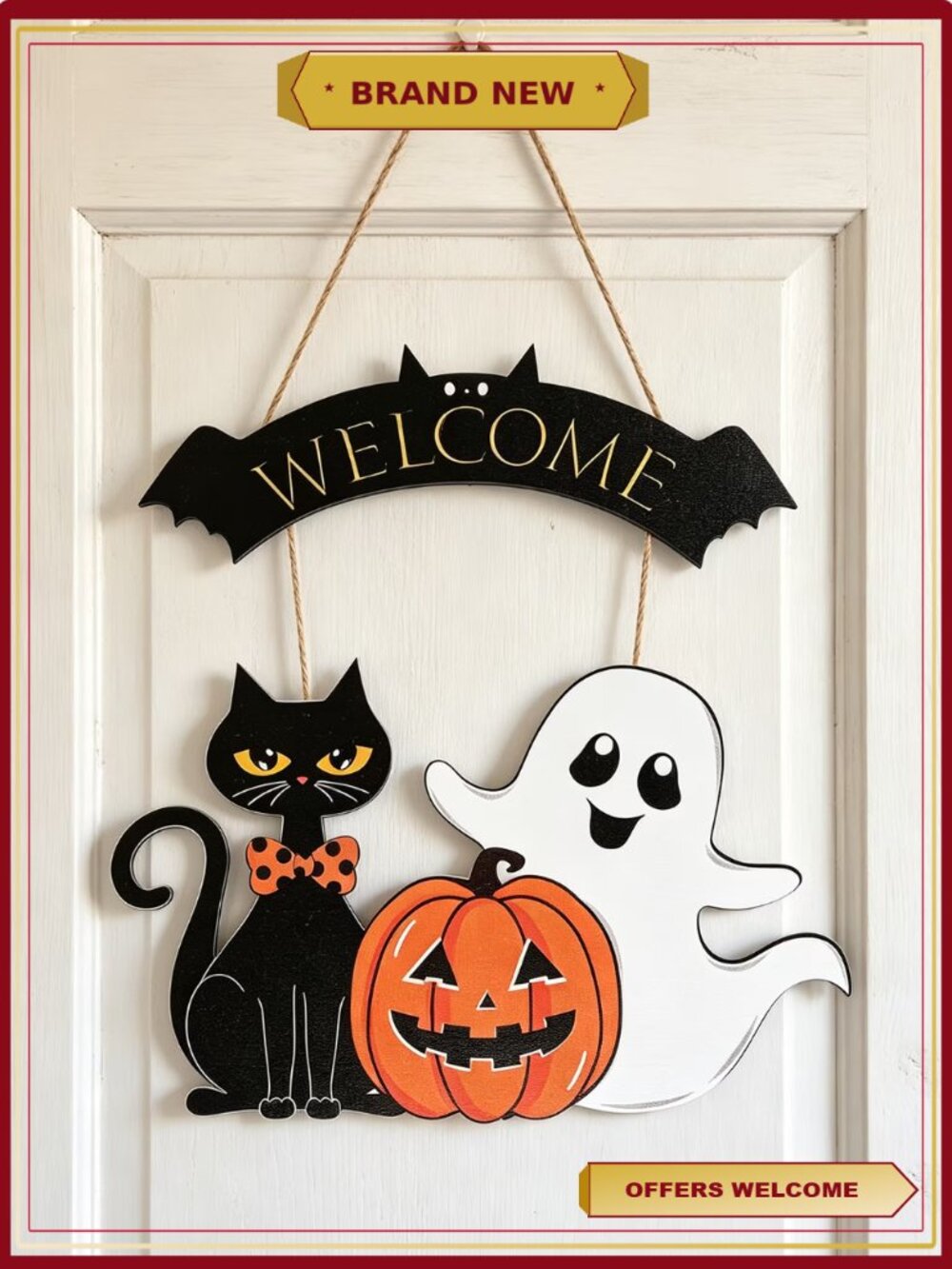 Wooden Ghost Halloween Door Wreath Spooky Hanging Indoor Outdoor Decor
